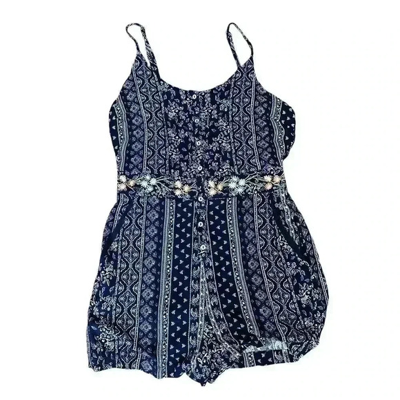 Skies Are Blue Women Blue Boho Embroidered Floral Romper M - Picture 1 of 10